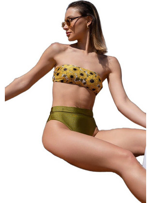 Strapless Γυναικείο Μαγιό Bandeau Με Ψηλόμεσο Brazil Πράσινο - Κίτρινο Floral - Χακί