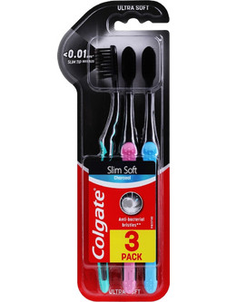 Colgate Slim Soft Charcoal Anti-Bacterial Οδοντόβουρτσες 3τμχ Μπλε Ροζ