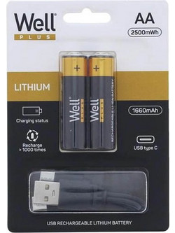 Well Μπαταρία 1660mA R6 AA 2τεμ Επαναφορτιζόμενη με καλώδιο φόρτισης USB-C ACCU-14500/166C-BL2-WL
