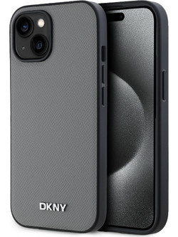 DKNY PU Leather Silver Metal Logo Magsafe Case for iPhone 14 Grey - (DKHMP14SPGHLMS)