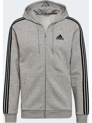 Adidas Essentials 3-Stripes Ανδρική Ζακέτα Fleece με Κουκούλα και Φερμουάρ Γκρι HB0041