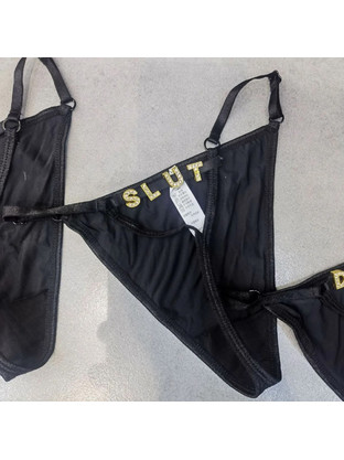Sexy Rhinestone Letter Thong Panties Slut Black os