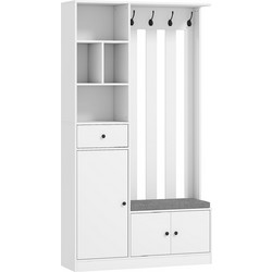 HOMCOM Καλόγερος 180 cm με Παγκάκι Παπουτσιών, Ρυθμιζόμενο Ράφι, 4 Γάντζους, Λευκό 837-644V90ND