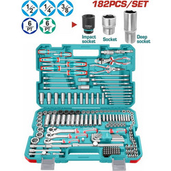 TOTAL Εργαλειοθήκη Κασετίνα Καρυδάκια 1/4" - 3/8" - 1/2" & Εργαλεία Χειρός 182 τεμ. THKTHP61827