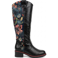 LAURA VITA LIMITED EDITION 07-LIBERTA NOIR SL765-U8 ΓΥΝΑΙΚΕΙΑ ΔΕΡΜΑΤΙΝΗ ΜΠΟΤΑ ΜΑΥΡΗ FLORAL BLACK-MULTICOLOR