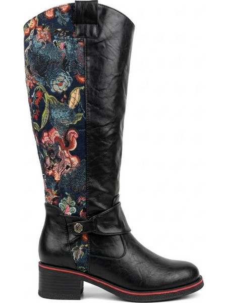 LAURA VITA LIMITED EDITION 07-LIBERTA NOIR SL765-U8 ΓΥΝΑΙΚΕΙΑ ΔΕΡΜΑΤΙΝΗ ΜΠΟΤΑ ΜΑΥΡΗ FLORAL BLACK-MULTICOLOR