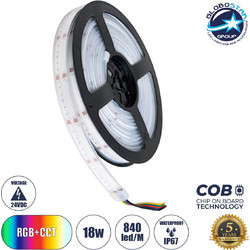 Bee 73416 Ταινία Led 18W/m 1980lm/m 120 Dc 24V Αδιάβροχη IP67 840 x Cob Chip/m Πολύχρωμο RGBW+WW Dimmable - Sanan Cob Chip - Μ500 x Π1.2 x Υ0.2cm - Ρολό 5 Μέτρων