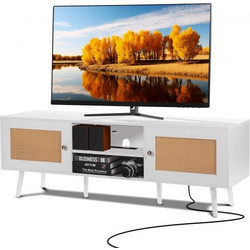 VEVOR Rattan TV Stand for 65 inch TV, Boho TV Stand with Rattan Door, Entertainment Center with Build-in Socket and USB Ports, Modern TV Console for Living Room, Media Room, White