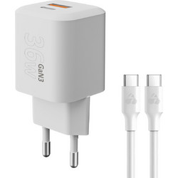 Powertech PT-1351 Φορτιστής με Καλώδιο USB-C με Θύρα USB-A & Θύρα USB-C 36W Power Delivery
