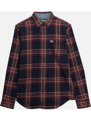 Superdry Ανδρικό Πουκάμισο Βαμβακερό Καρό Μακρυμάνικο Κανονική Γραμμή Μαύρο Μπορντό M4011047A