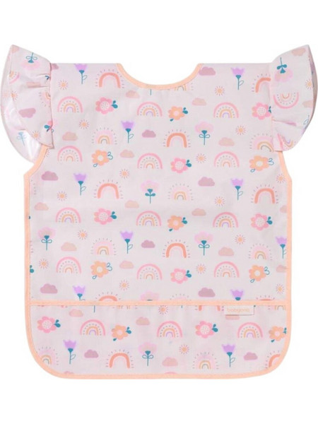 BabyOno Apron Rainbow Αδιάβροχη Σαλιάρα Ποδιά Υφασμάτινη με Αυτοκόλλητο Τσέπη & Μανίκια 6m+ Λευκή