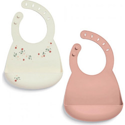 Mamas & Papas Floral Berry Σετ Αδιάβροχες Σαλιάρες Σιλικόνης με Κουμπί & Τσέπη 6m+ Λευκή Ροζ 2τμχ