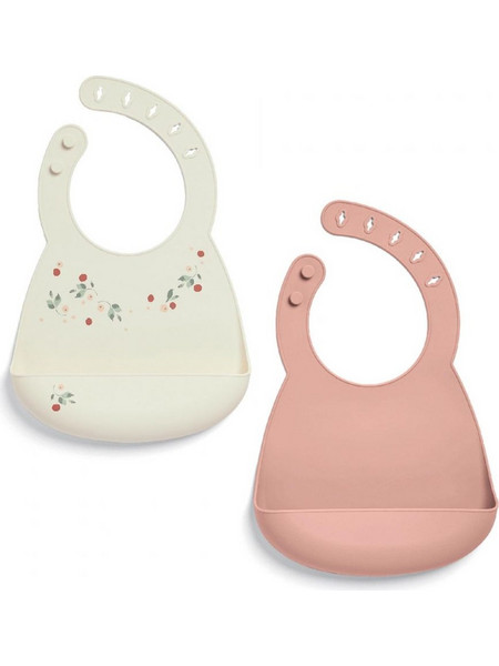 Mamas & Papas Floral Berry Σετ Αδιάβροχες Σαλιάρες Σιλικόνης με Κουμπί & Τσέπη 6m+ Λευκή Ροζ 2τμχ