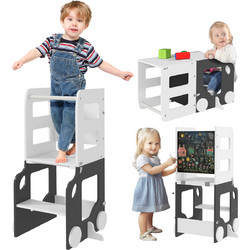AIYAPLAY Montessori Πύργος Εκμάθησης 4 σε 1 με Πίνακα Ζωγραφικής Ξύλινος Λευκός Ανθρακί