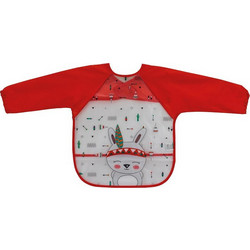 Interbaby Mangas Rojo Αδιάβροχη Σαλιάρα Ποδιά Πλαστική με Αυτοκόλλητο Τσέπη & Μανίκια Κόκκινη