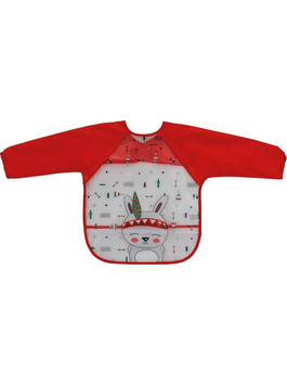 Interbaby Mangas Rojo Αδιάβροχη Σαλιάρα Ποδιά Πλαστική με Αυτοκόλλητο Τσέπη & Μανίκια Κόκκινη