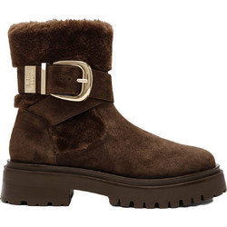 Steve Madden Lodge Γυναικεία Μποτάκια Αστραγάλου Suede Σοκολατί με Χοντρό Χαμηλό Τακούνι και Γούνα SH11004980