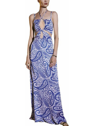 Lace Maxi Καλοκαιρινό Φόρεμα για Γάμο / Βάπτιση Μεταξωτό Μπλε M-8258