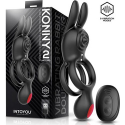 IntoYou Konny Rabbit Double Cock Ring Ελαστικό Δαχτυλίδι Πέους Σιλικόνης με Δόνηση Μαύρο