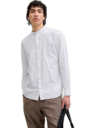 Jack & Jones Ανδρικό Πουκάμισο Λινό Μακρυμάνικο Κανονική Γραμμή με Mao Γιακά Λευκό 12289184