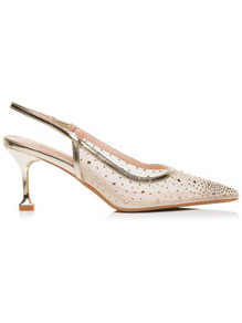 Seven Γόβες Slingback Δερμάτινες με Λεπτό Ψηλό Τακούνι & Στρας Χρυσές W47005524-6M8
