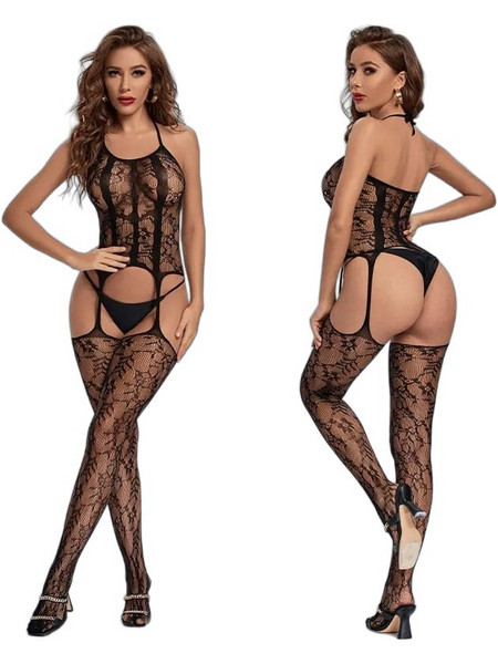Kinksters Ολόσωμο Καλσόν Διχτυωτό με Δαντέλα & Ανοιχτό Καβάλο Μαύρο 6928048424357