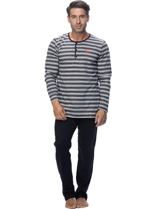 Gazzaz Ανδρική πυτζάμα ριγέ Freedom Plus Size (1XL-4XL)-104045 Γκρι Μελανζέ