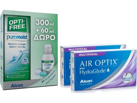 Alcon Air Optix Plus HydraGlyde for Presbyopia Μηνιαίοι Φακοί Επαφής Πολυεστιακοί Σιλικόνης Υδρογέλης 2τμχ + 1 Υγρό OPTI-FREE Pure 300ml