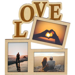 ΞΥΛΙΝΗ ΚΟΡΝΙΖΑ ΤΟΙΧΟΥ LOVE (ΓΙΑ 3 ΦΩΤΟΓΡΑΦΙΕΣ 11 x 15 cm) - ΦΥΣΙΚΟ ΞΥΛΟ (32 x 35 cm)