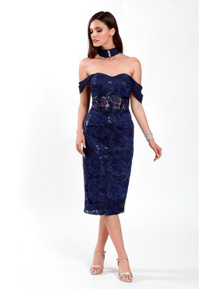 Cecilia Midi Φόρεμα για Γάμο / Βάπτιση Navy Μπλε A23C248