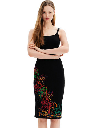 Desigual Midi Καλοκαιρινό Καθημερινό Φόρεμα Μαύρο Liz 23SWVK96