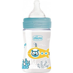 Chicco Well Being Πλαστικό Μπιμπερό με Θηλή Σιλικόνης κατά των Κολικών 0m+ Cat Submarine Blue 150ml