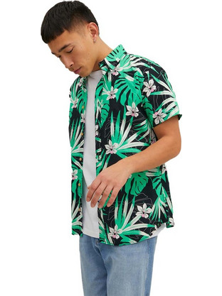 Jack & Jones Ανδρικό Πουκάμισο Βαμβακερό Φλοράλ Κοντομάνικο Κανονική Γραμμή Μαύρο Πολύχρωμο 12233624