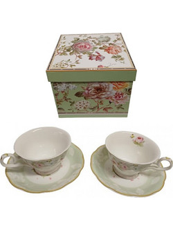 Karvounis Bros Green Pastel Roses Σετ Φλιτζάνια Τσαγιού Πορσελάνης Πράσινα 2τμχ M24060-3