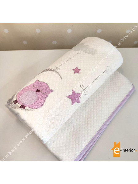 Raison D'Etre Dreamy Owl Κουβέρτα Κούνιας Πικέ 120x160 Λευκή Ροζ