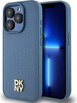 DKNY Leather Monogram Pattern Metal Logo MagSafe Case for iPhone 15 Pro - Blue