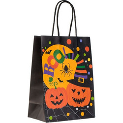 Τσάντα Δώρου Χάρτινη Halloween Μαύρο Πορτοκαλί Κολοκύθες Boo! 16x8x21cm