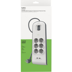 Belkin BSV604vf2M-V2 SURGE, 6 sockets, 650J, 2M, 2 USB-2.4A SHARED, updated version2