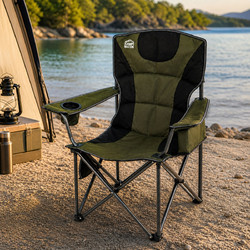 Καρέκλα Camping Πτυσσόμενη Αδιάβροχη Χακί με Θήκη Ποτηριού, Τσέπη Αποθήκευσης & Τσάντα Μεταφοράς 63x52x105cm - OEM