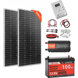 VEVOR 400W 12V Complete Solar Power Kit, 2PCS 200W Monocrystalline Solar Panel + 12,8V 100Ah LiFePO4 Battery + 40A MPPT Charge Controller + 1000W Power Inverter for RV Home Camping Boats Off-Gri