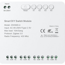 Avatto ZWSMMD-4-250V Μονάδα Διακόπτη ZigBee 4 Καναλιών, Χωρίς Τάση DC 32V