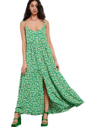 Funky Buddha Midi Καλοκαιρινό Καθημερινό Φόρεμα Floral Πράσινο FBL007-135-13