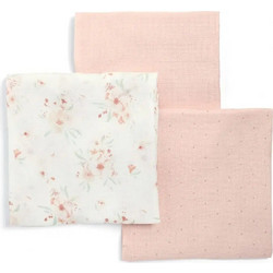 Mamas & Papas Floral Πάνες Αγκαλιάς από Μουσελίνα Σομόν Λευκές 90x90cm 3τμχ