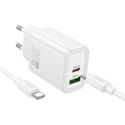 Hoco N61 Φορτιστής με Καλώδιο USB-C με Θύρα USB-A & Θύρα USB-C 20W Quick Charge 3.0 & Power Delivery White