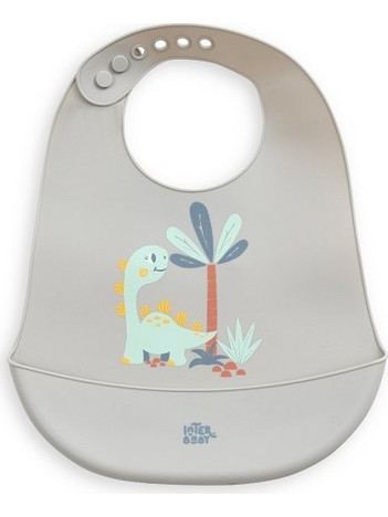 Interbaby Dino Αδιάβροχη Σαλιάρα Σιλικόνης με Κουμπί & Τσέπη Γκρι