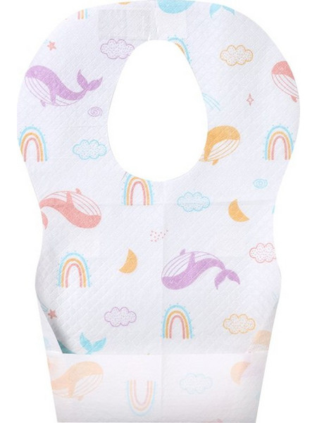 BabyOno Whales & Rainbows Σετ Αδιάβροχες Σαλιάρες Χάρτινες με Αυτοκόλλητο & Τσέπη 6m+ Λευκές 10τμχ