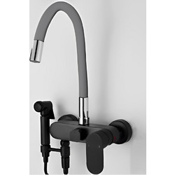 Bonken HT-1790 Μπαταρία Κουζίνας Τοίχου Τριπλής Παροχής Σπαστή Ανάμεικτη με Εύκαμπτο Ρουξούνι Γκρι