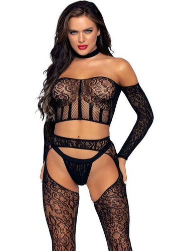 Leg Avenue Σετ Sexy Εσώρουχα See Through με Δαντέλα & Ζαρτιέρες Μαύρα D-228421