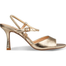 Envie Shoes Γυναικεία Πέδιλα Δερμάτινα Χρυσά με Λεπτό Ψηλό Τακούνι και Στρας E83-23053-59