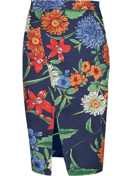 Conquista Μίντι Φούστα Υφασμάτινη Ψηλόμεση Pencil Floral Navy Μπλε Πολύχρωμη C211-161-41